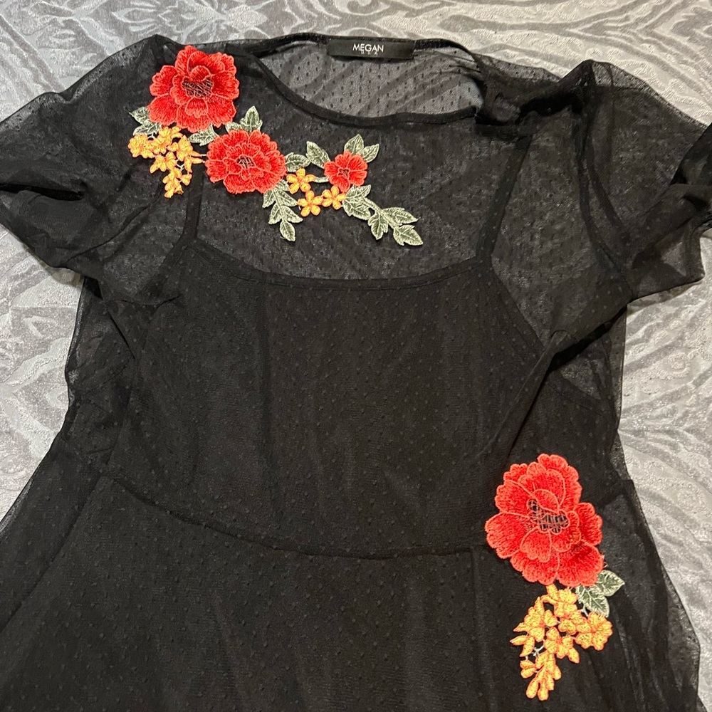 Meghan LA Black and Red Embellished Sundress with Puff Sleeves
